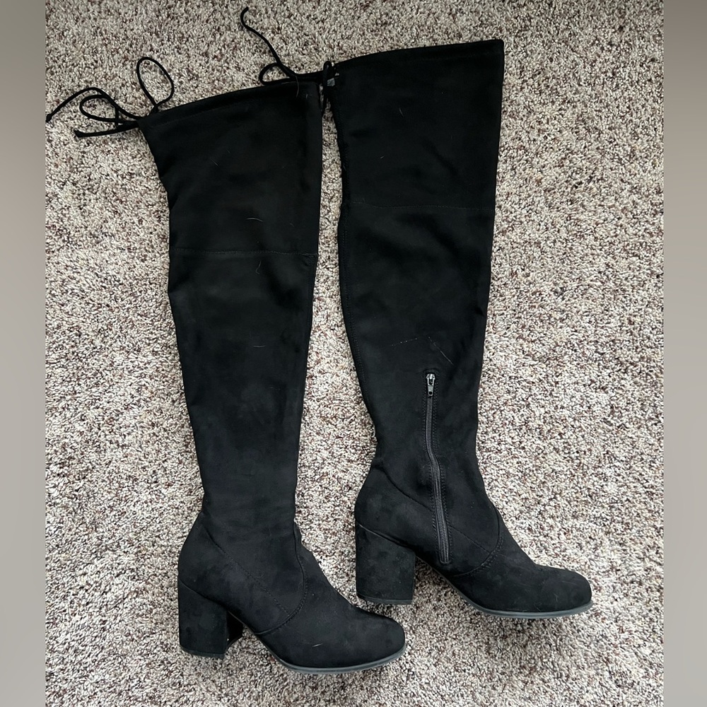 Black microsuede knee-high boots